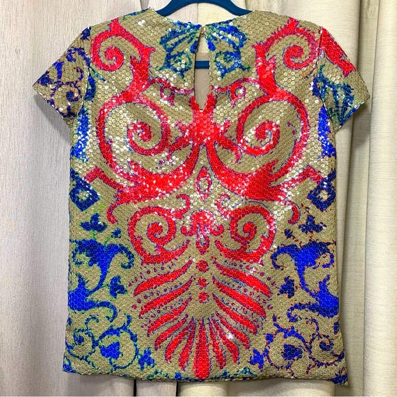 Sequin Shirt Blouse Tan Red Blue Baroque Sz 40 Short Sleeve Crew Party Event Top - Picture 15 of 16